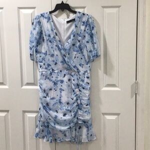Chetta B Blue and White Ruched Wrap Midi Dress